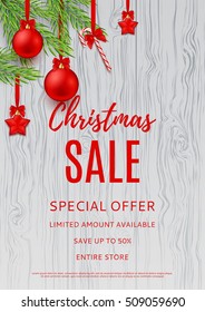 Elegant flyer of Christmas sale. Seasonal discount poster for business design. Xmas gift card with res balls, stars and candy canes on fir-tree branch. Vector illustration.