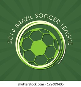 Elegant flyer, poster or banner design with shiny soccer ball on vintage green background for 2104 Brazil Soccer League.