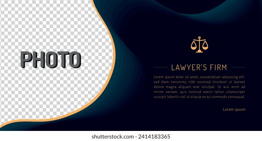 elegant flyer template with space for photo and scales of justice symbol, vector design for law firm