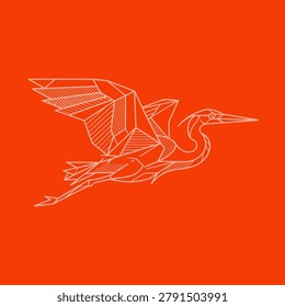 Elegant flying heron icon using geometric lines, perfect for modern brand identities, wildlife organizations, or creative architecture studios looking for a sophisticated symbol.