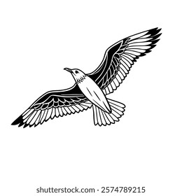 Elegant flying seagull bird vector illustration, perfect for coastal-themed designs, decor, and digital projects. Ideal for nature lovers and creative artwork enthusiasts.