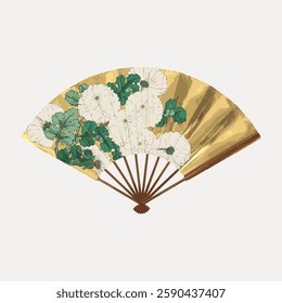 Elegant folding fan with floral design. Features white flowers and green leaves on a gold background. Decorative fan with intricate floral pattern. Vintage art painting vector.