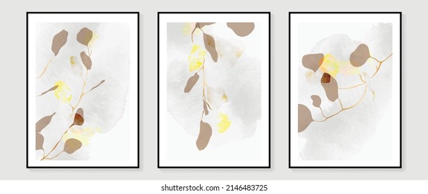 Elegant foliage wall art template. Set of abstract hand drawn wall decoration with branches, leaves, botanical, leaf. Watercolor texture design for wallpaper, banner, prints, interior, poster