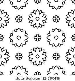 Elegant folk floral black and white  geometric motif. Minimal allover vector illustration for interior, wallpaper, fabric, textile, phone case. Modern linear doodle design. Simple graphic print.