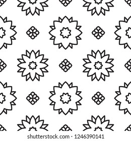 Elegant folk floral black and white  geometric motif. Minimal allover vector illustration for interior, wallpaper, fabric, textile, phone case. Modern linear doodle design. Simple graphic print.