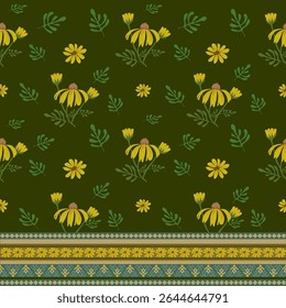 Elegant folk-style yellow flower pattern with ornamental border on deep green base. Ideal for textiles, crafts, and folk-themed projects.