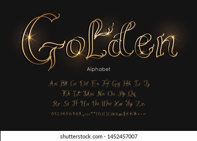 Elegant font and alphabet in medieval style of gold color on a black background. Vector set of letters and numbers for design greeting cards, wedding and birthday invitations.