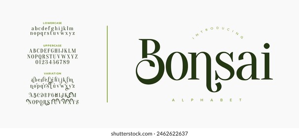 Elegant font alphabet uppercase lowercase and number. Classic lettering minimal fashion designs. Typography modern serif fonts regular decorative vintage concept. Vector illustration