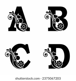 elegant font with floral decoration. alphabet design elements.