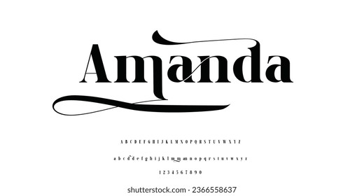 Elegant Font Uppercase Lowercase and Number. Classic Amanda Ligature Lettering Serif Font Alphabet. Typography modern serif fonts regular decorative vintage concept. vector illustration
