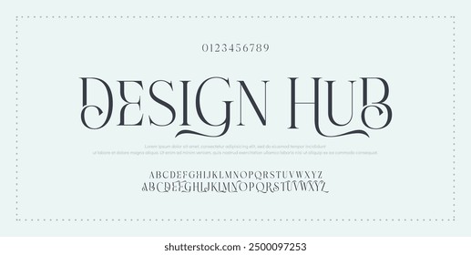 Fuente elegante mayúscula y número. fuente de la boda, letras clásicas Diseños de moda minimalistas. Tipografía moderna serif Fuentes concepto vintage decorativo regular. Ilustración vectorial