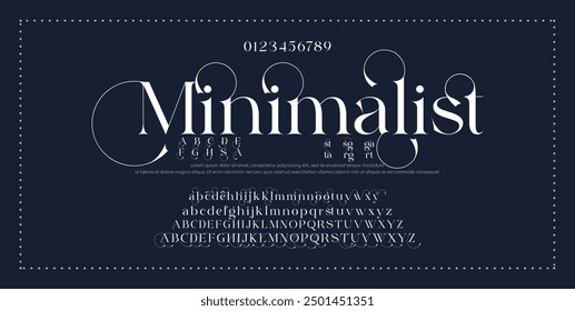 Elegante fuente mayúscula y minúscula número. Diseños de moda minimalistas con letras clásicas. Tipografía moderna serif Fuentes concepto vintage decorativo regular. Ilustración vectorial