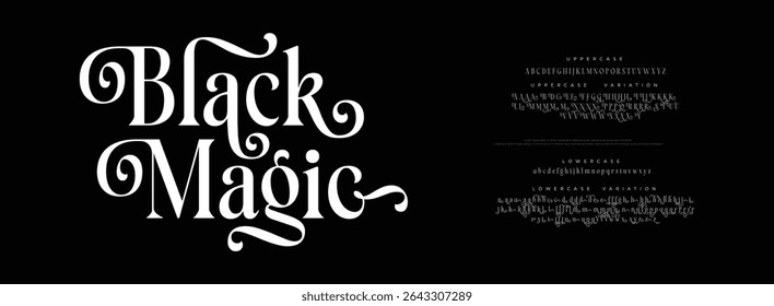 Elegant Font Uppercase Lowercase And Number. Minimal modern urban fonts for logo, brand etc. Typography typeface uppercase lowercase and number. vector illustration | Black Magic Variation 
