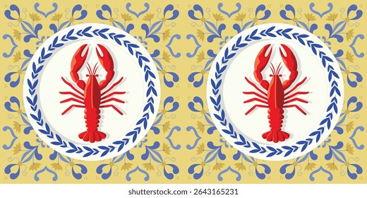 Elegant food composition with lobster flat lay. Italian ceramic plate with lobster  vector style. Lobster dish with Sicilian tile backdrop