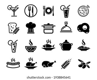 Elegant Food Icons Set. Black beverage, food, kitchen Elements for mobile concepts and web apps. Collection modern infographic logo and pictogram.