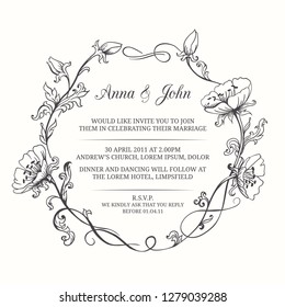 Elegant foral frame, monogram, wedding invitation template, hand drawn calligraphic ornament