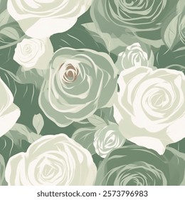 Elegant Forest Green Mint French Grey White Abstract Rose Flower Elegant Leaf Watercolor Scandinavian Design Seamless Pattern Wallpaper Curtain Bedding Upholstery Pastel Fabric Background Vector