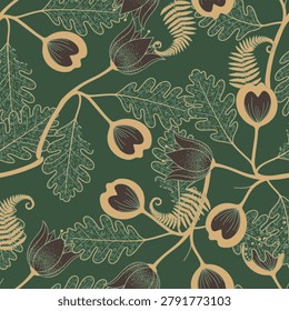 Elegant forest seamless pattern featuring detailed oak leaves, fern fronds, and vintage botanical seed pods on a deep green backdrop
