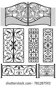 Elegant forged metal fence gates and grates. Art forging vector illustration.
