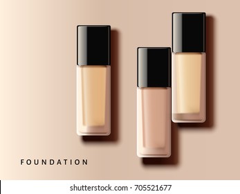 Elegant foundation collection, different complexion tone in glass container in 3d illustration, top view of makeup design elements