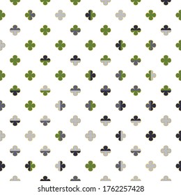 Elegant four leaf clover geometric pattern for luck. Colourful leaves with gold stroke on white background. Great for interior fabrics, upholstery, curtains, wallpaper and prints. 