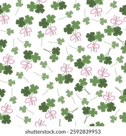 Elegant four-leaf clover seamless pattern in soft green. Perfect for St. Patrick’s Day, coquette aesthetics, lucky themes, and botanical designs. High-quality and stylish