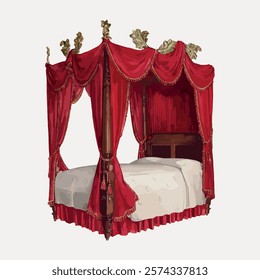 Elegant four-poster bed with rich red drapes. Luxurious red drapes hang from the bed. The four-poster bed is adorned with red drapes and ornate details. Vintage art, isolated vector element.