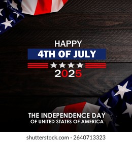 Elegant Fourth of July 2025 - USA Independence Day greeting card, poster, banner, background, template, flyer. USA Flag on dark wooden background. Illustration