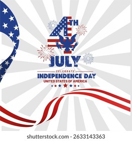 Elegant Fourth of July Independence Day USA 2025 Concept. 4th July Flag Text and Festive Sparklers on White Background. Best for Independence Day USA 2025 Background, Banner, Card, Flyer, Feeds. 
