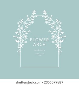 Elegant frame with an arch of delicate flowers and leaves on a blue background. Vector template with floral silhouette. Botanical illustration for label, wedding invitation, save the date, logo