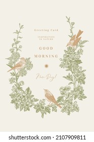 Elegant frame with blooming spring branches and birds. Wedding invitation. Green and gold.