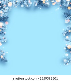 Elegant frame of blue pine branches decorated with soft glowing lights on a light blue background. Perfect for festive and winter-themed designs.