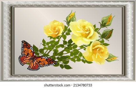 Elegant frame with a bouquet of roses.Bouquet of roses and a butterfly in a beautiful frame with decor in vector illustration.