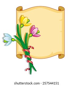  Elegant frame with bouquet of snowdrops and paper scroll
