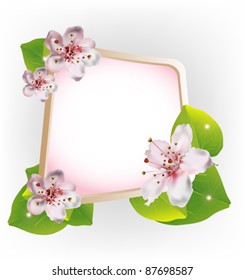 Elegant frame with cherry blossoms flowers and green leaves
