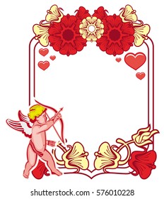 Elegant frame with Cupid, decorative flowers and hearts. Cupid with bow hunting for hearts. Design element for greeting cards and presents. Vector clip art.