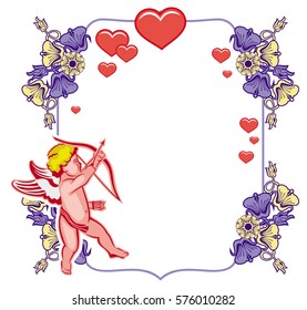 Elegant frame with Cupid, decorative flowers and hearts. Cupid with bow hunting for hearts. Design element for greeting cards and presents. Vector clip art.