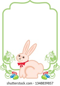 Elegant frame with cute easter bunny. Holiday tag, label with easter symbols