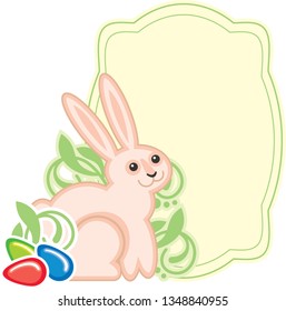 Elegant frame with cute easter bunny. Holiday tag, label with easter symbols