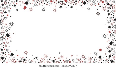Elegant frame design featuring a mix of scattered red and black stars and tiny dots against a pure white backdrop.