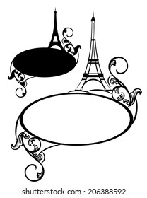 Elegant frame with eiffel tower and decorative floral swirls - blank france theme vector border