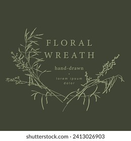 Elegant сircle frame. Floral wreath with hand drawn wild herbs and flowers. Vector vintage botanical illustration for invitation or wedding decor, logo, labels, branding, business identity