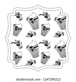 elegant frame with flowers and cake pattern