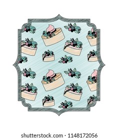 elegant frame with flowers and cake pattern