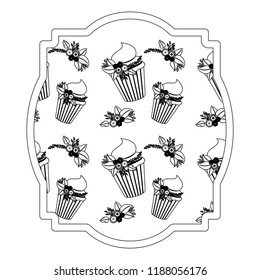 elegant frame with flowers and cake pattern