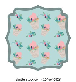 elegant frame with flowers and cupcake pattern