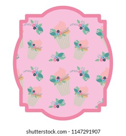 elegant frame with flowers and cupcake pattern