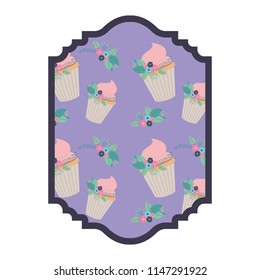 elegant frame with flowers and cupcake pattern