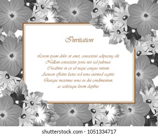 An elegant frame of flowers in monochrome colors. For your postcard design, greeting cards for wedding, birthday and more. Vector illustration.