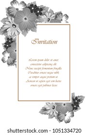 An elegant frame of flowers in monochrome colors. For your postcard design, greeting cards for wedding, birthday and more. Vector illustration.